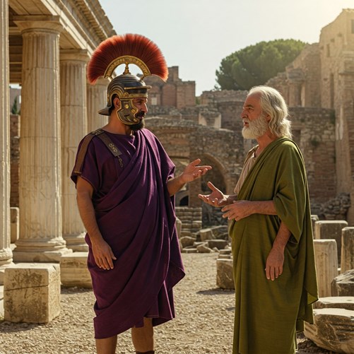 Een Romein en een Griek samen in gesprek over uitvindingen